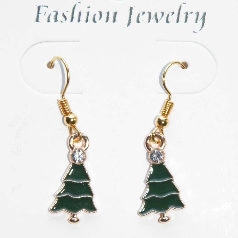 Gold Christmas Tree 3/4" Earrings Rhinestone Star